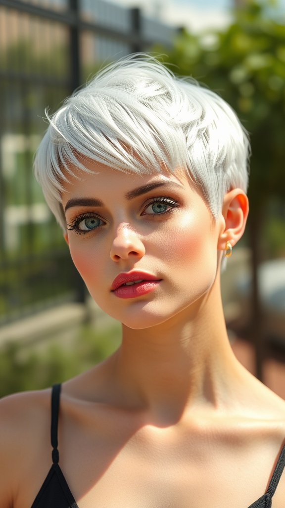 A young woman with a chic pixie cut, showcasing a stylish short hairstyle with textured layers and a platinum color.