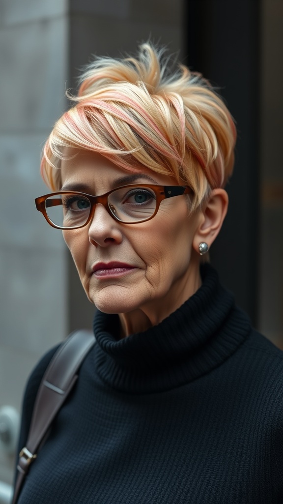 A woman over 60 with a chic pixie cut and pastel highlights, wearing a black turtleneck.