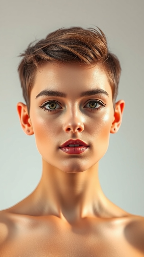 A model with a chic pixie cut, showcasing a stylish short hairstyle.