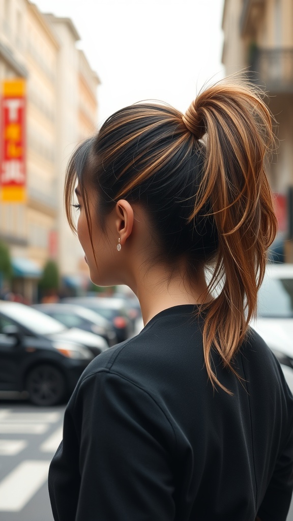 A woman with a chic ponytail and a twist, standing on a city street