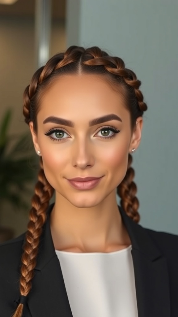 A woman with two rope braids wearing a blazer, looking professional and stylish.