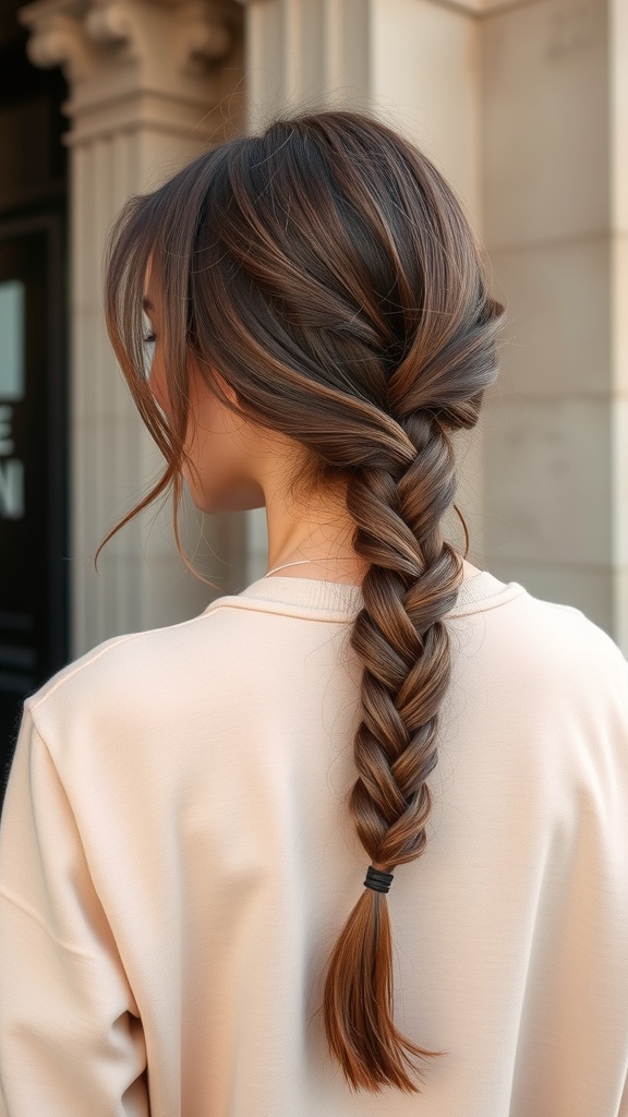 A stylish side braid hairstyle on a brunette woman.