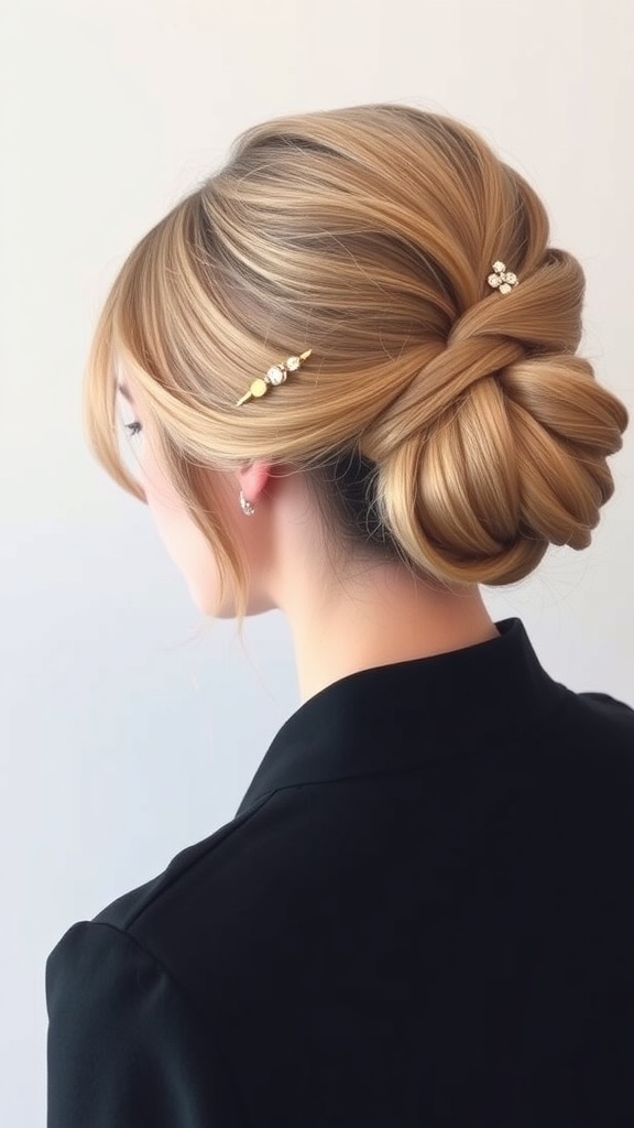 A woman with a chic side bun hairstyle adorned with decorative hairpins.
