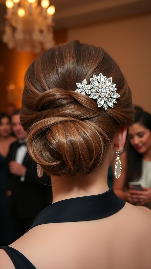 Elegant updo hairstyle with a sparkling floral hair accessory