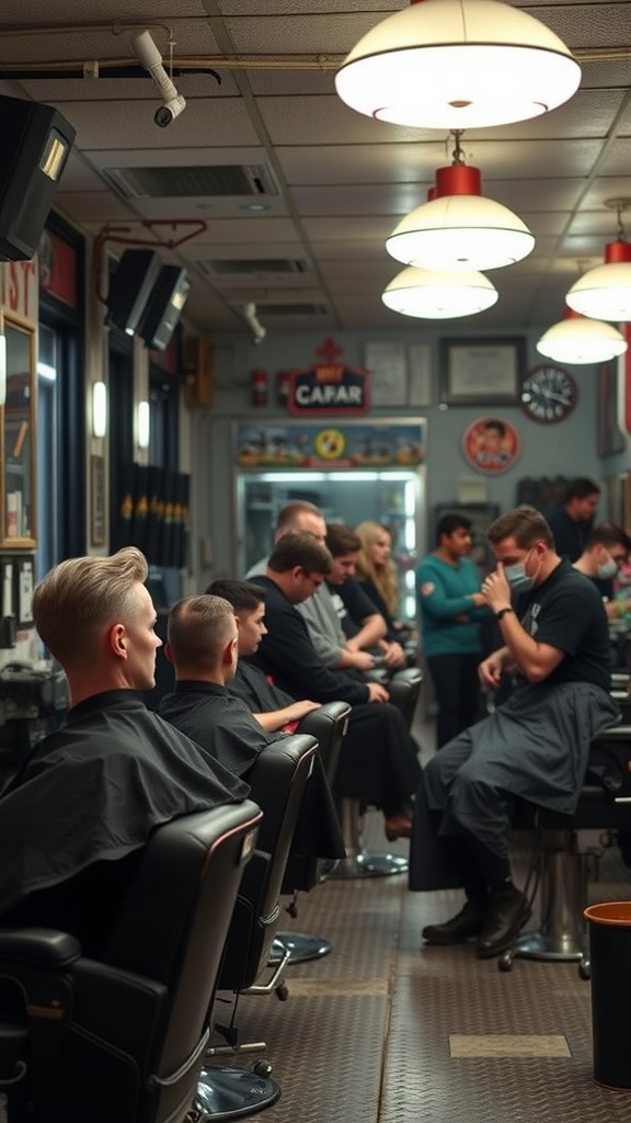 A busy barbershop with clients waiting for haircuts, showcasing various styles and barbers at work.