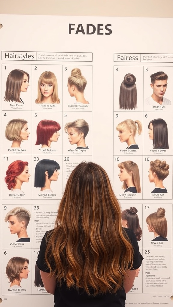 A person looking at a hairstyle chart featuring various fade styles.