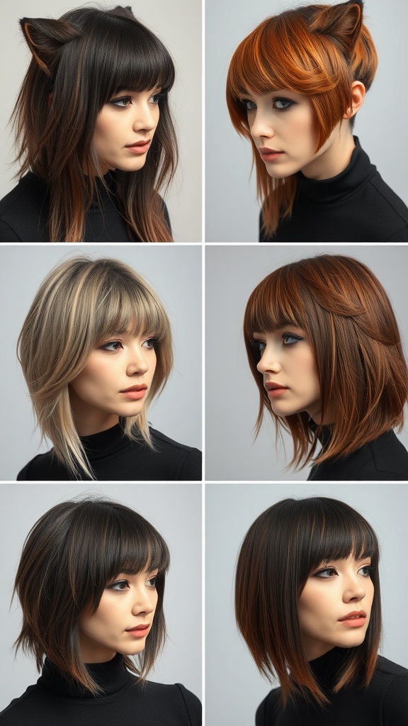 A collection of mannequin heads showcasing various lengths of the Wolf Cut with Curtain Bangs hairstyle.