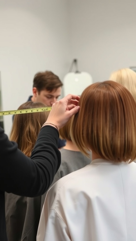 A stylist measuring the length of a bob haircut on a client.
