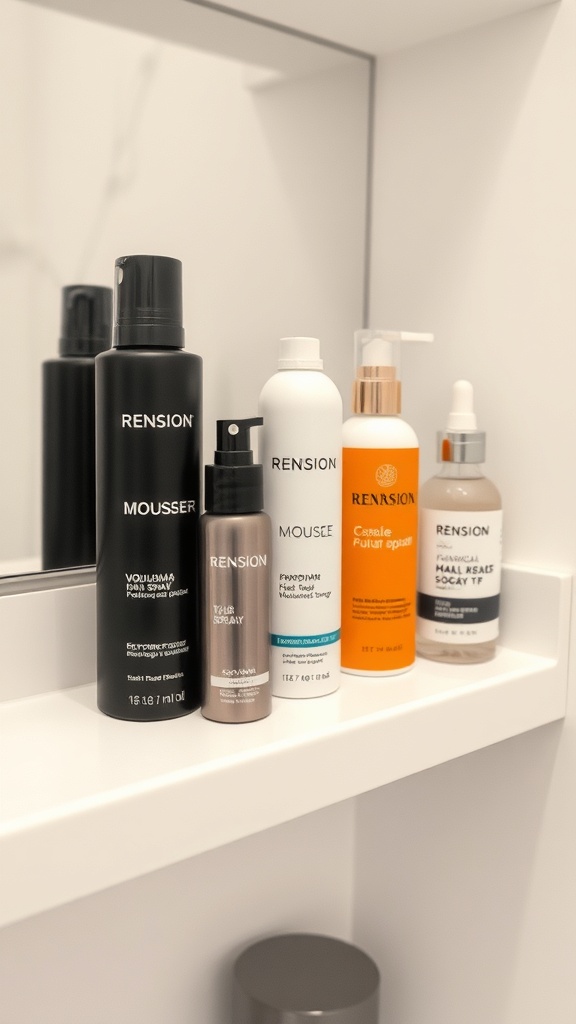 A collection of hair products for styling, including volumizing spray, mousse, and heat protectant.