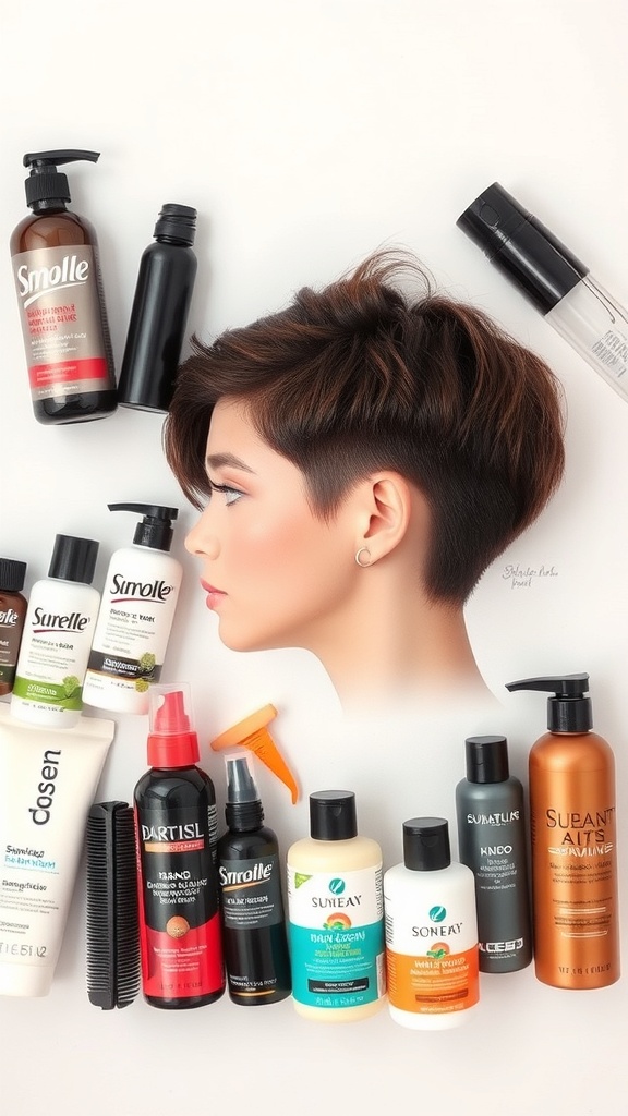 A variety of hair care products arranged around a stylish short stacked wedge haircut.