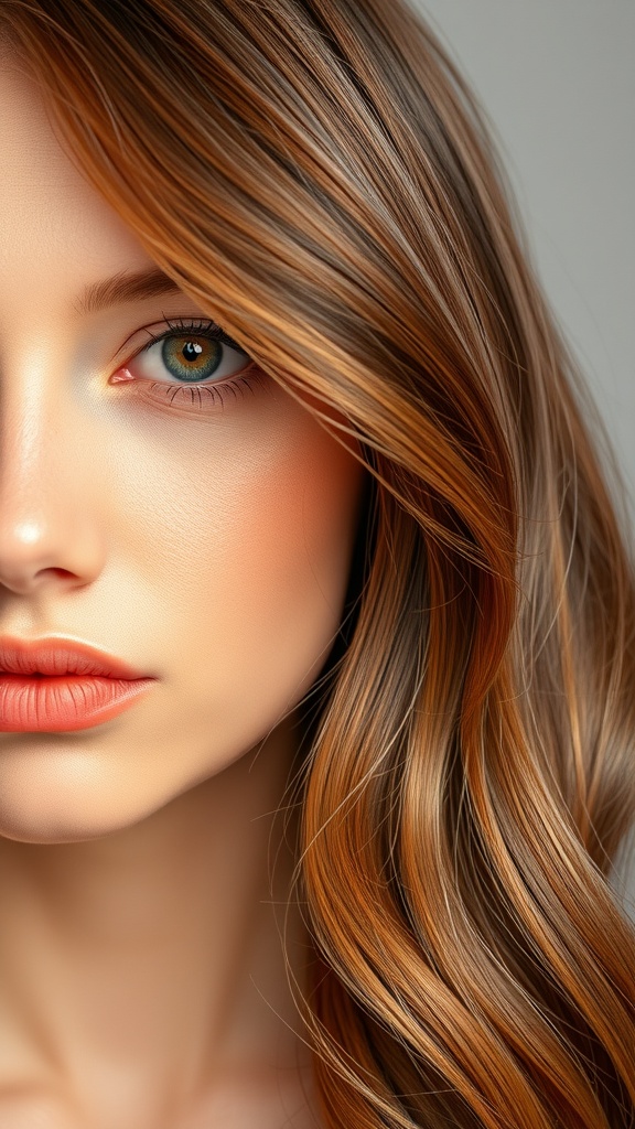 Flowing strands of caramel highlighted brown hair against a warm background
