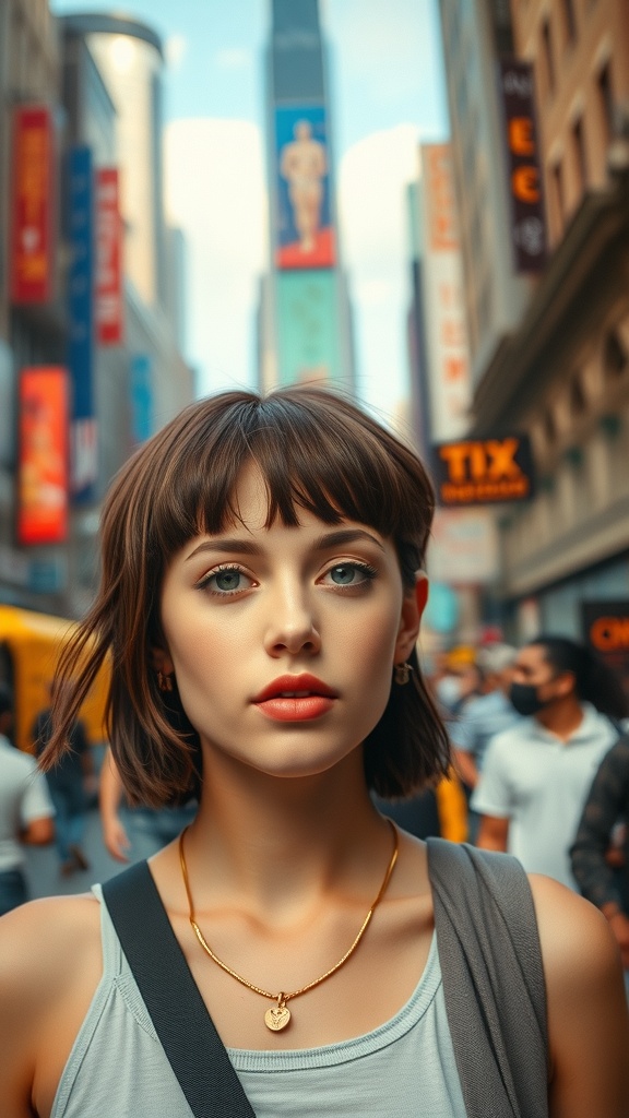 A young woman with choppy bangs and a short cropped hairstyle, standing in a busy urban setting.