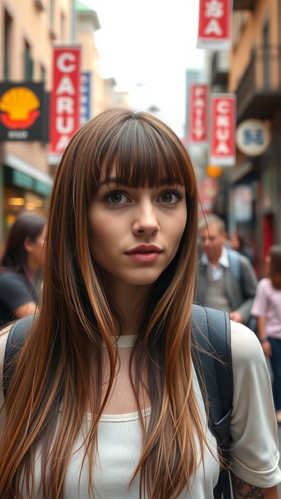 A young woman with long hair and choppy bangs standing in a busy street.