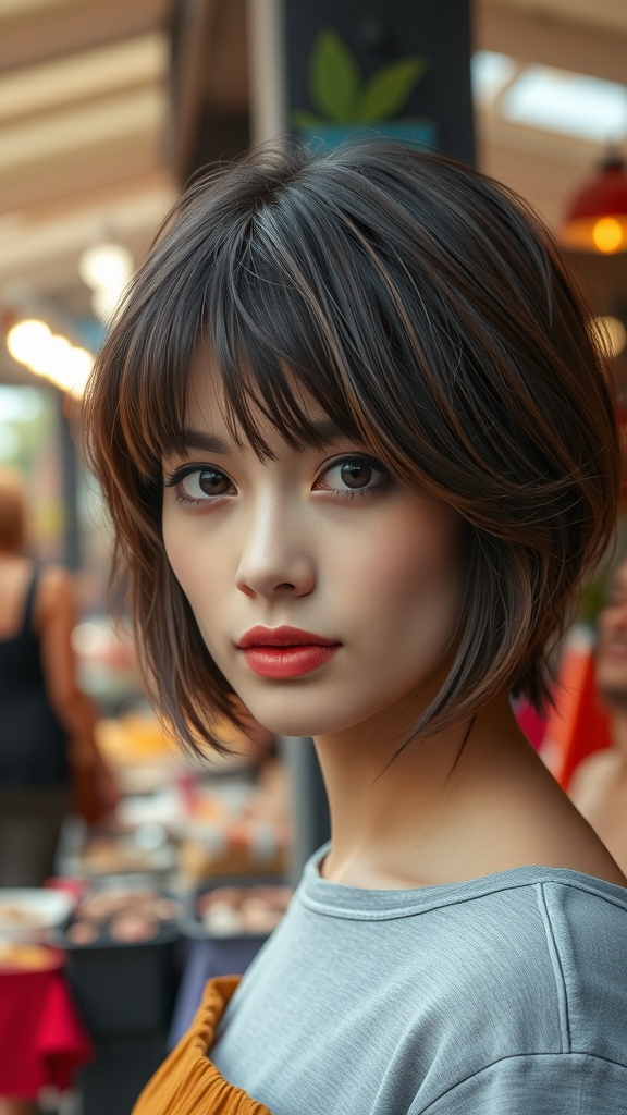 A woman with a choppy bob hairstyle and fringe, showcasing a stylish and modern look.