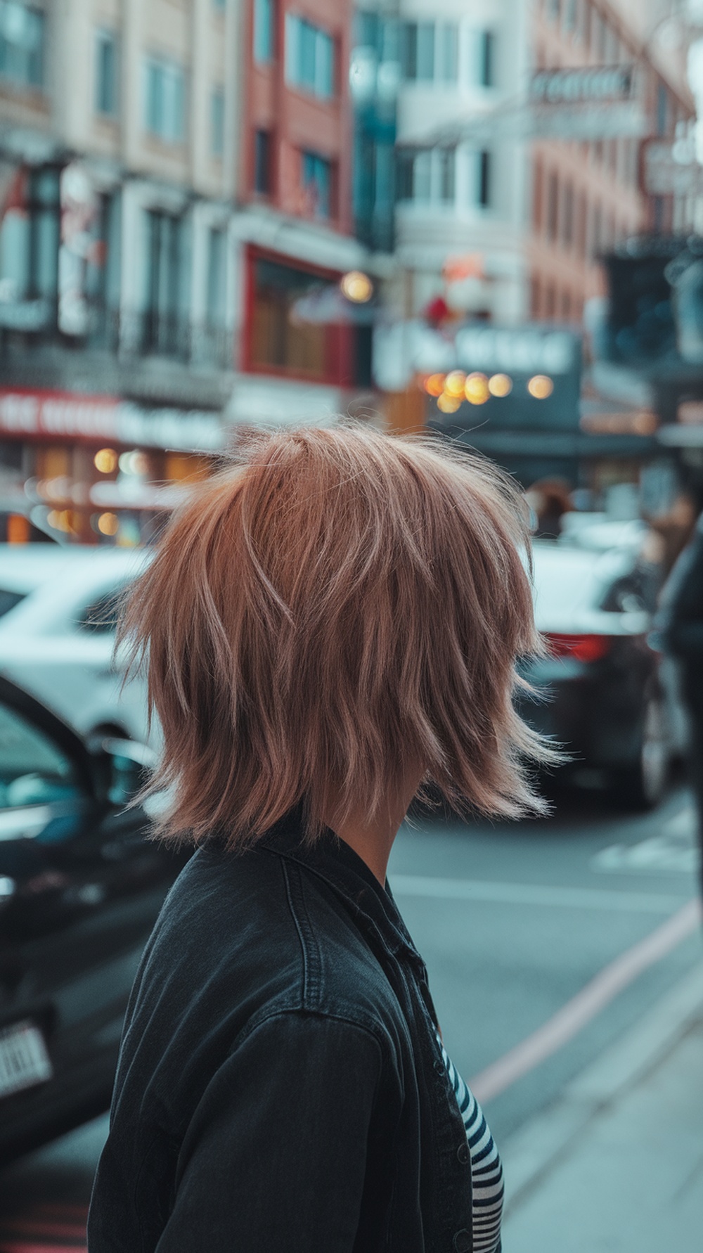 A person with a choppy layered haircut, showcasing textured shoulder-length hair in an urban setting.