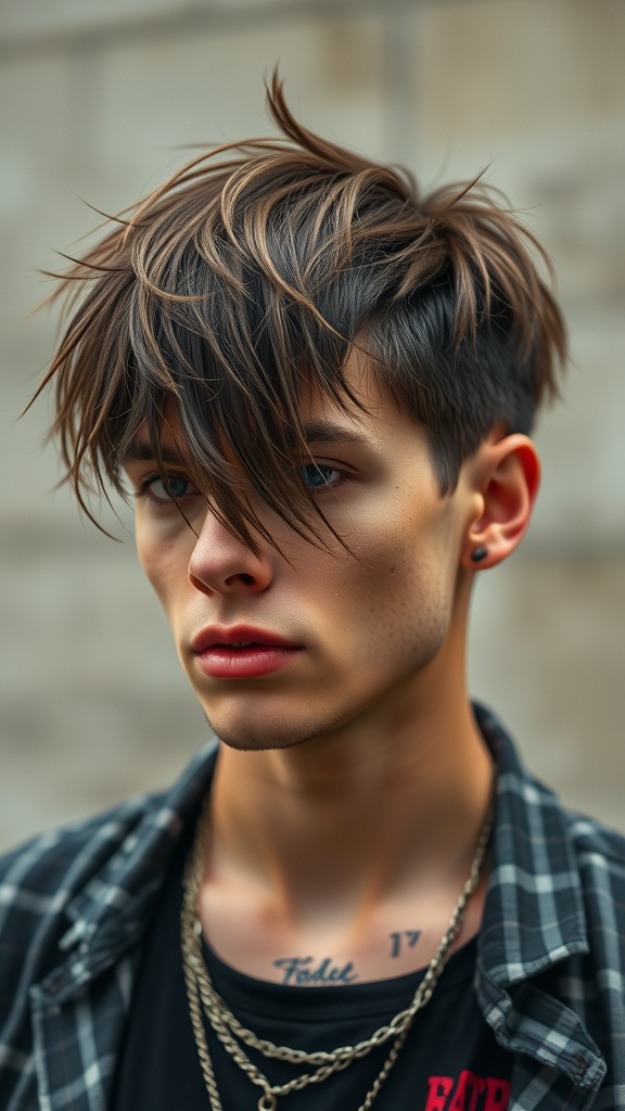 A young person with a choppy layered haircut, showcasing a stylish and edgy grunge look.