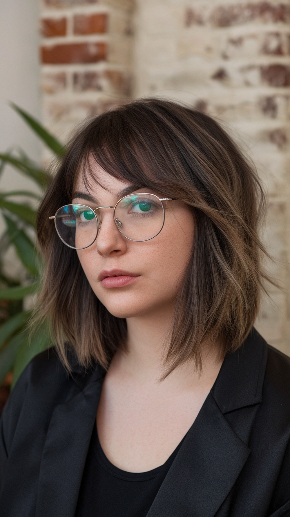 A woman with medium-length choppy layered hair, wearing glasses, with a neutral expression against a brick wall.
