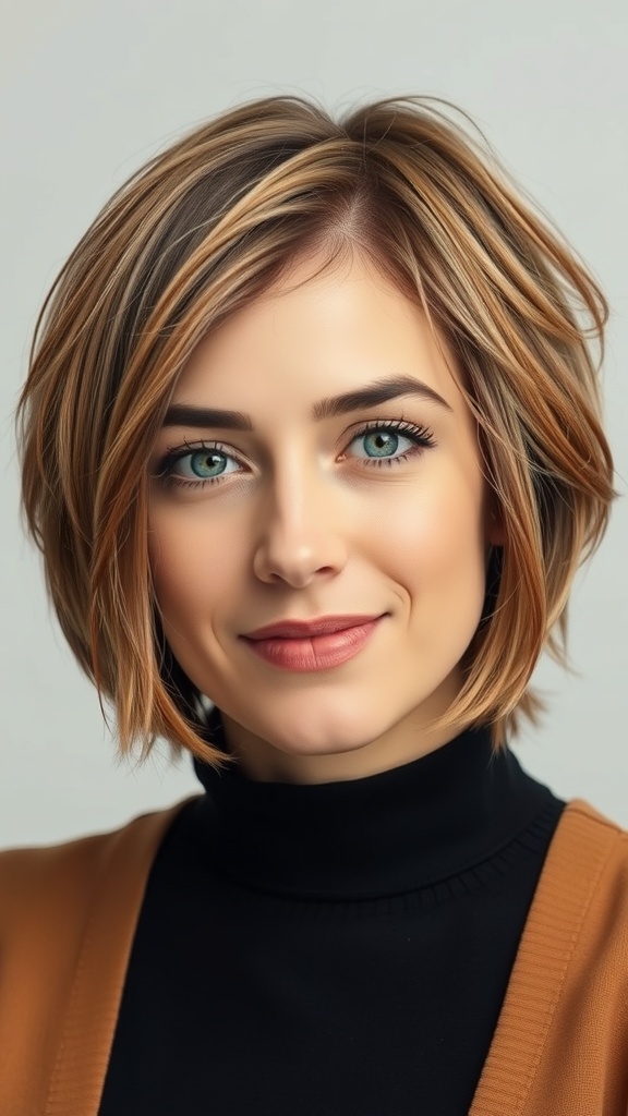A woman with a choppy lob hairstyle featuring textured ends, showcasing a stylish and casual look.