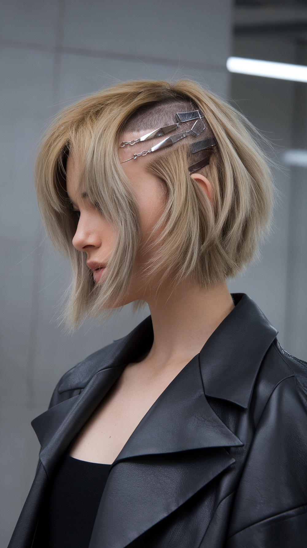 A stylish choppy shaggy bob hairstyle with an undercut, featuring hair clips for added flair.