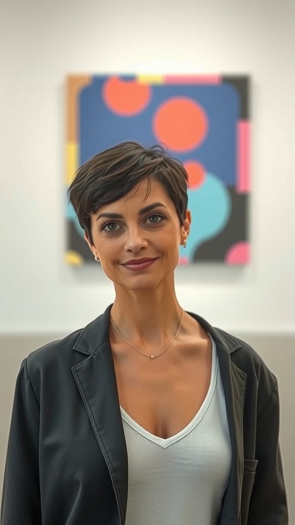 A woman with short shaggy hair styled in a choppy texture, wearing a white top and black blazer, standing in front of colorful artwork.