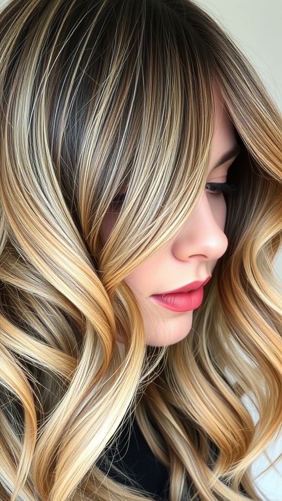 A close-up of wavy hair with chunky highlights in blonde and dark tones.