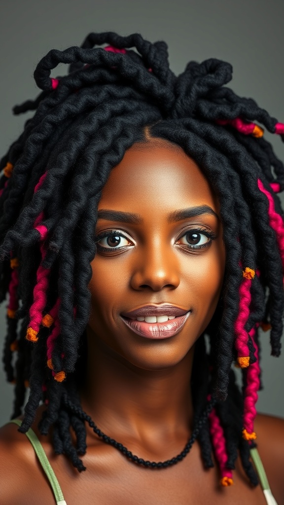 A woman with chunky black locs featuring pink and orange highlights, smiling at the camera.