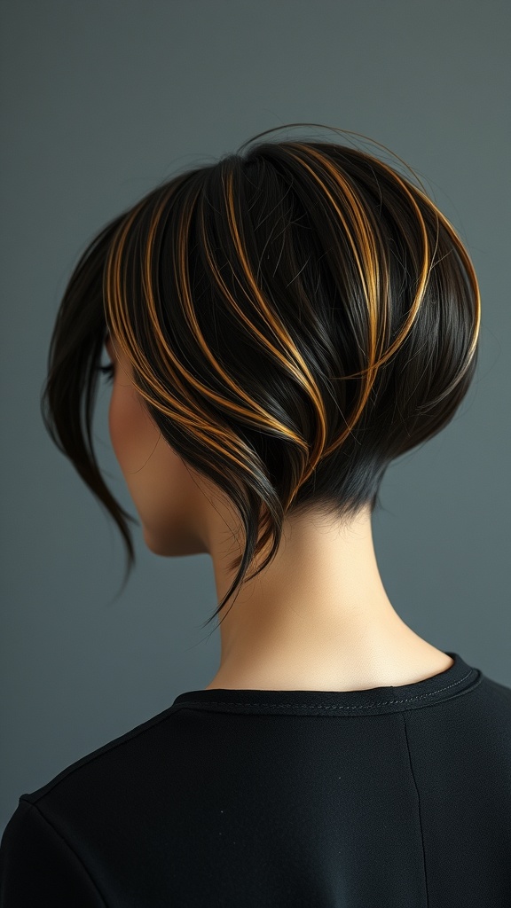 A sleek bob hairstyle featuring classic black hair with gold streaks.