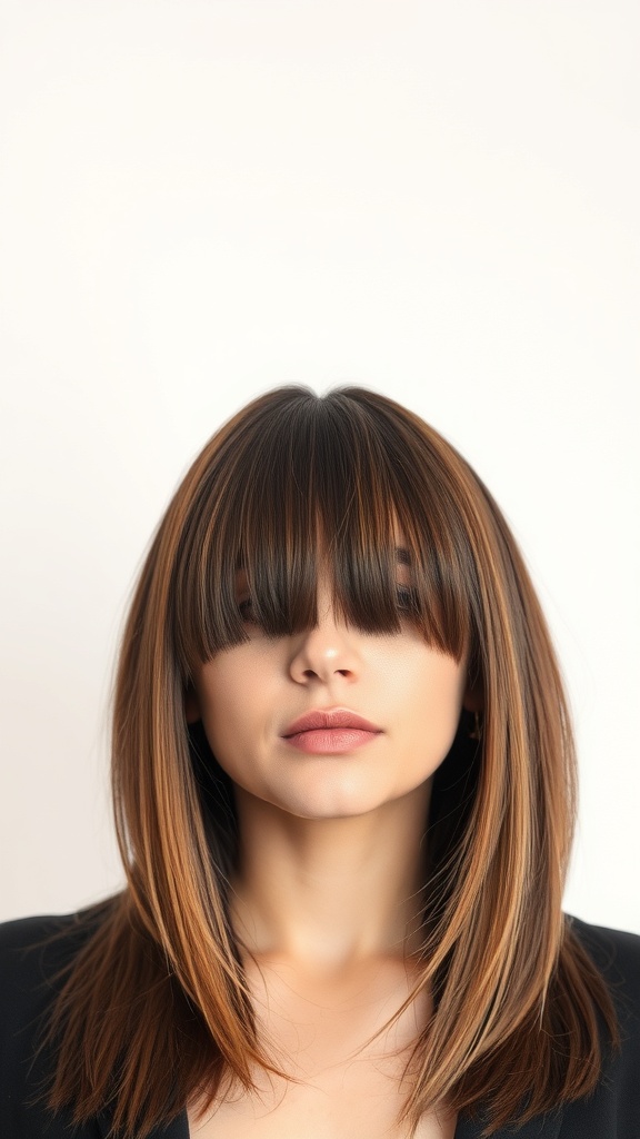 A model with a classic blunt cut hairstyle featuring straight hair and bangs.