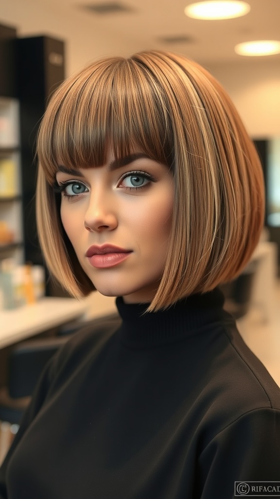 A woman with a classic blunt cut bob hairstyle, featuring straight, even ends and a polished look.