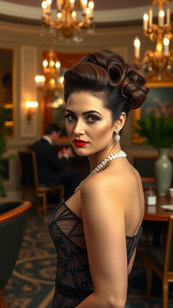A woman with a classic bouffant hairstyle, wearing a black dress and pearl jewelry, in an elegant setting.