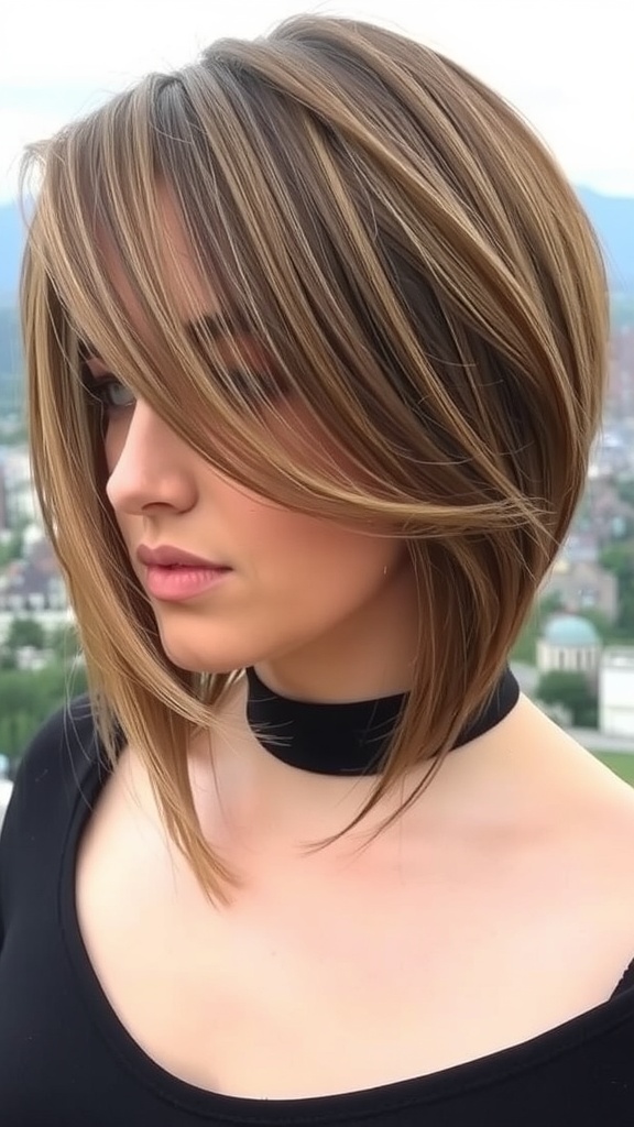 A close-up of long hair styled in classic butterfly layers with highlights.