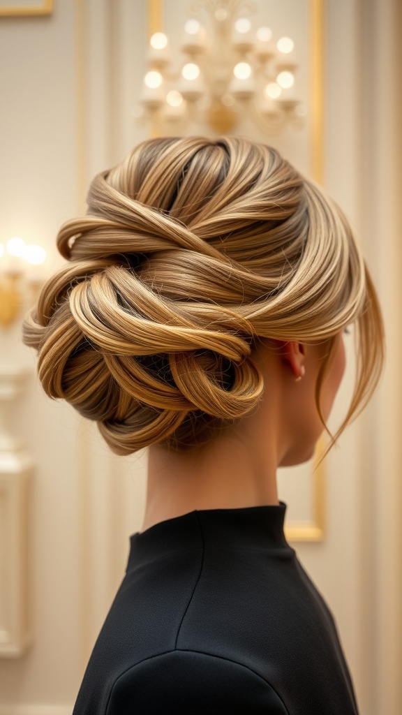 A stylish chignon hairstyle with a modern twist, showcasing elegant strands and a sophisticated look.