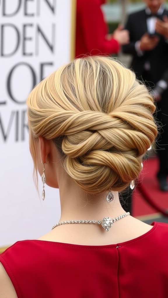 A classic chignon hairstyle with a twist, adorned with a decorative hair accessory.