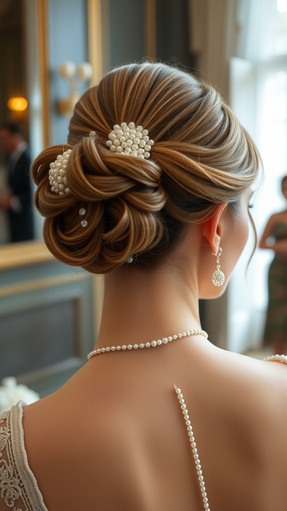 A woman with a classic chignon hairstyle adorned with beads, showcasing elegance and sophistication.