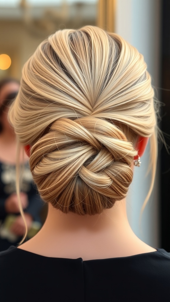 A classic chignon hairstyle with subtle highlights, elegantly styled at the back.
