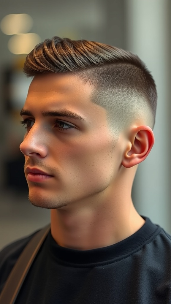 A young man with a classic crew cut hairstyle, featuring short sides and slightly longer hair on top.