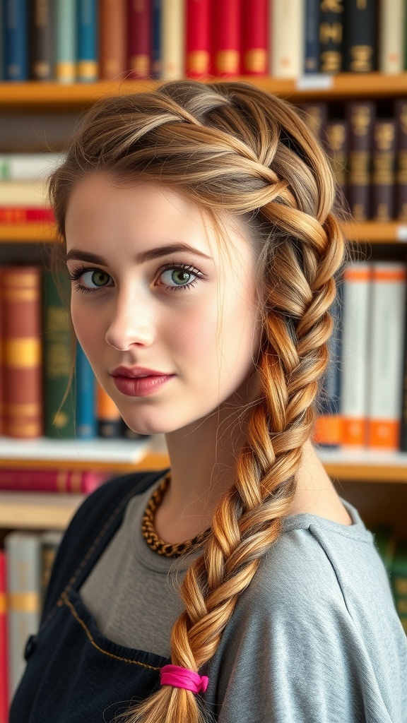 A young girl with a classic Dutch braid hairstyle, wearing a casual outfit and a pink hair tie, standing in front of a bookshelf.