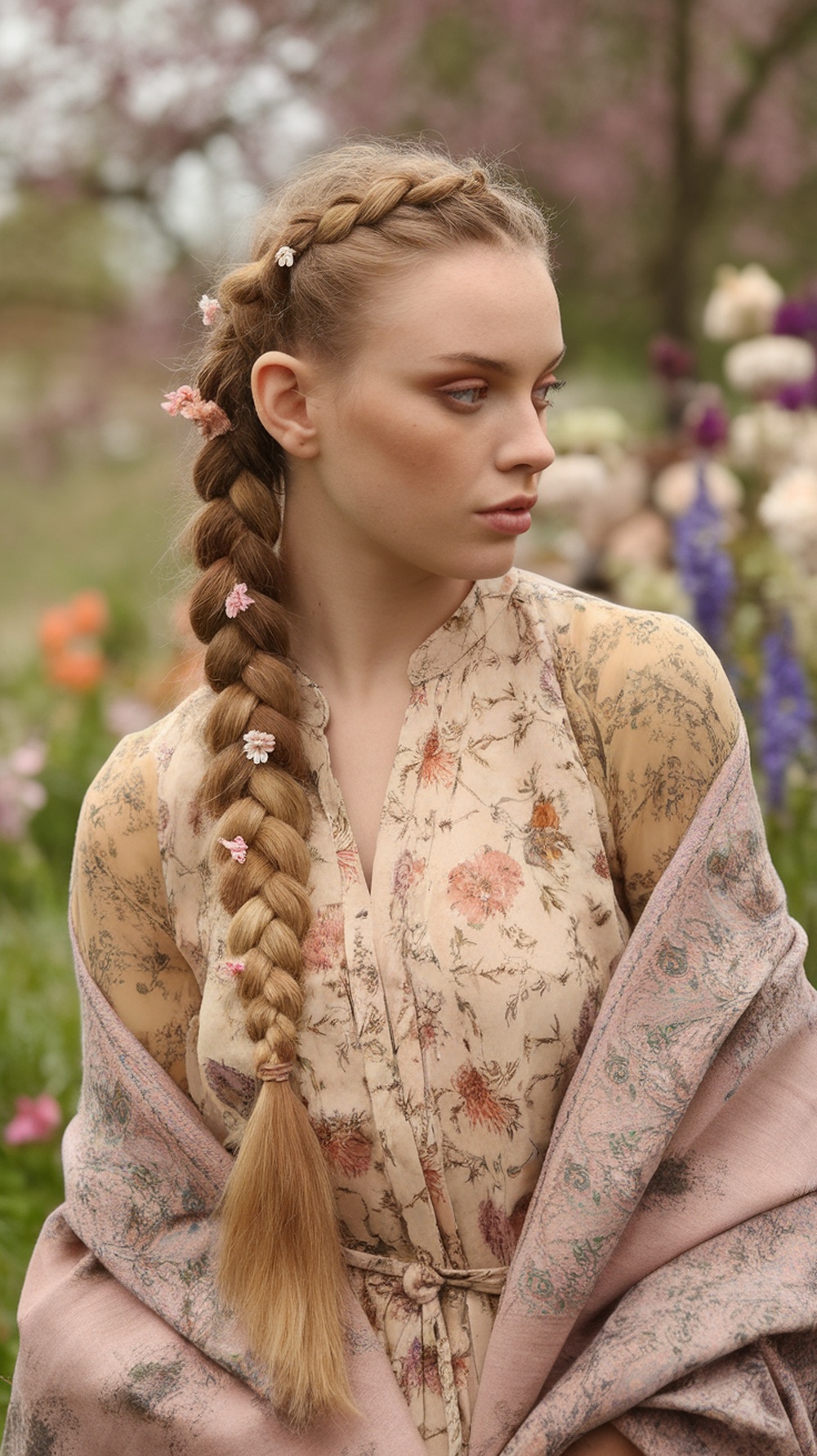 A woman with a classic fishtail braid adorned with flowers, wearing a floral-patterned outfit and a shawl, set against a backdrop of blooming flowers.