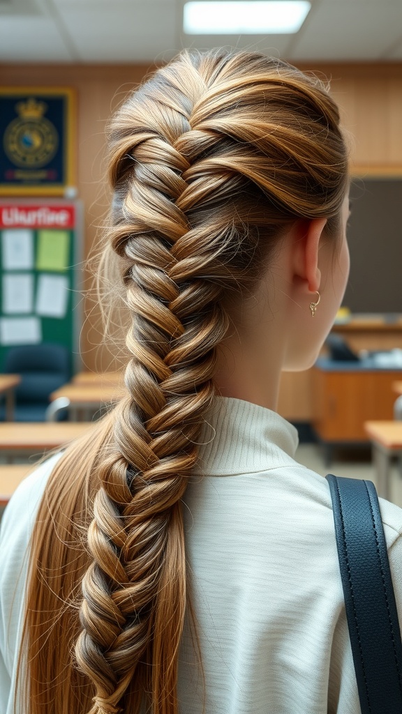 A close-up of a classic French braid hairstyle on long hair, showcasing the neat and stylish braid.