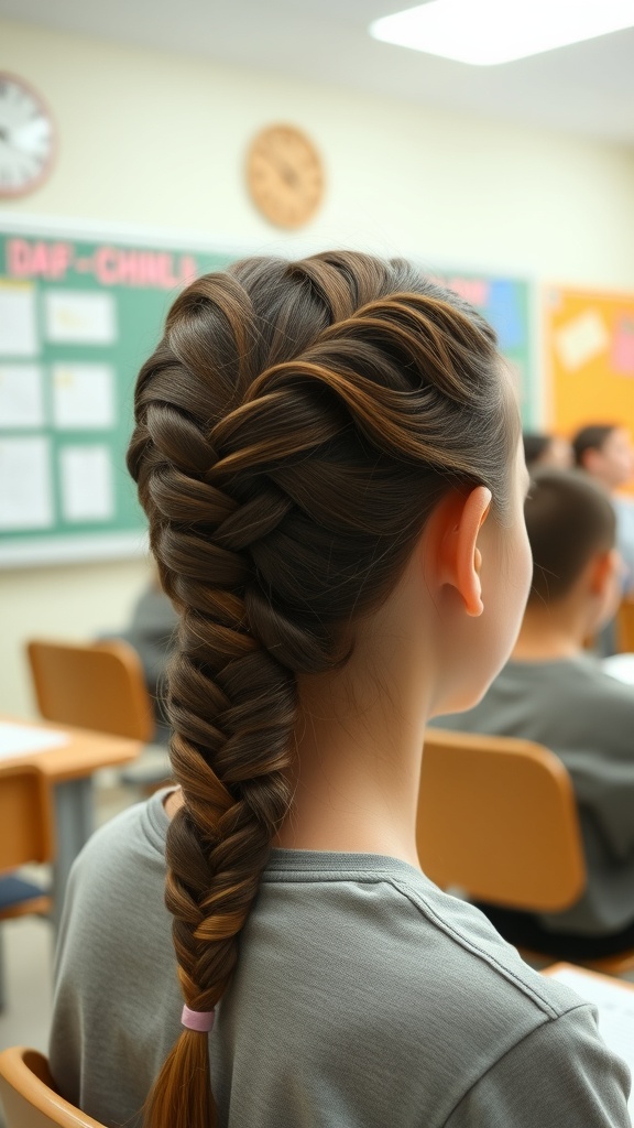 A girl with a classic French braid sitting in a classroom