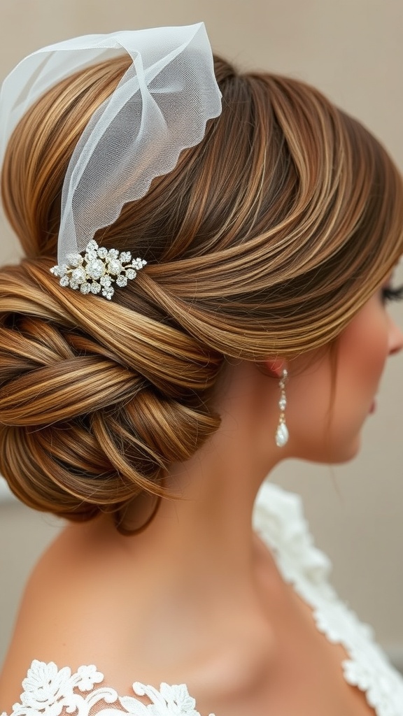 A classic French twist hairstyle for brides, featuring a smooth updo and a delicate hair accessory.