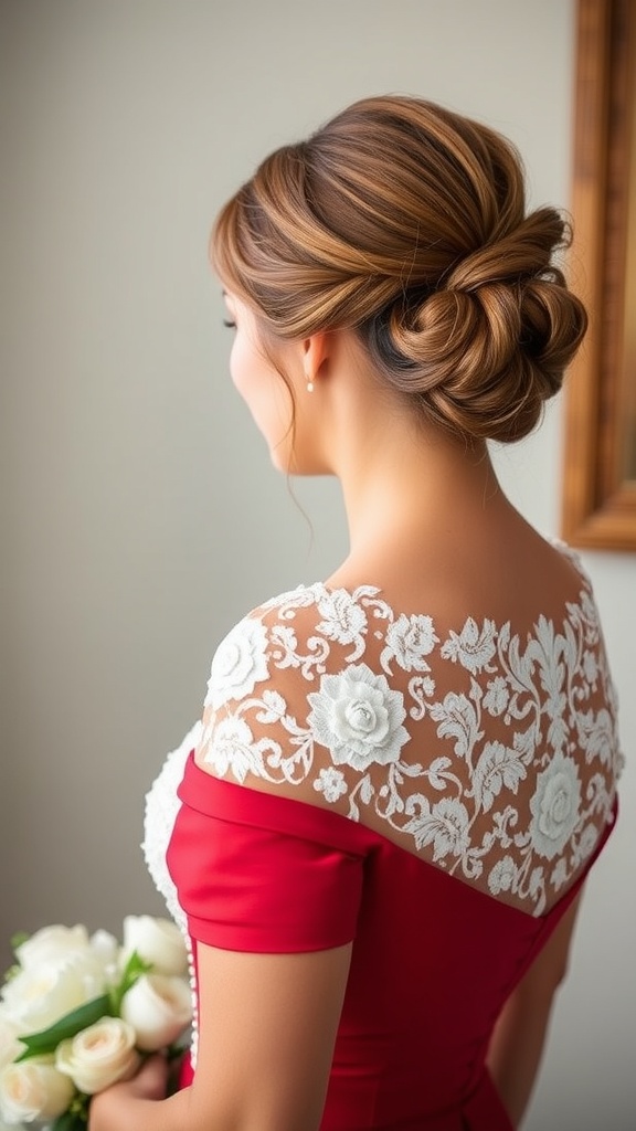 A woman with a classic French twist hairstyle, wearing a red dress with lace details, holding a bouquet of white roses.