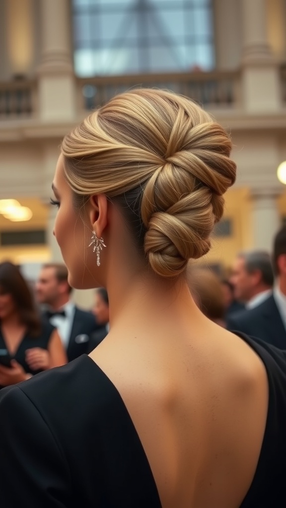 A woman with a classic French twist hairstyle, elegantly styled with smooth twists and pinned up, wearing statement earrings.