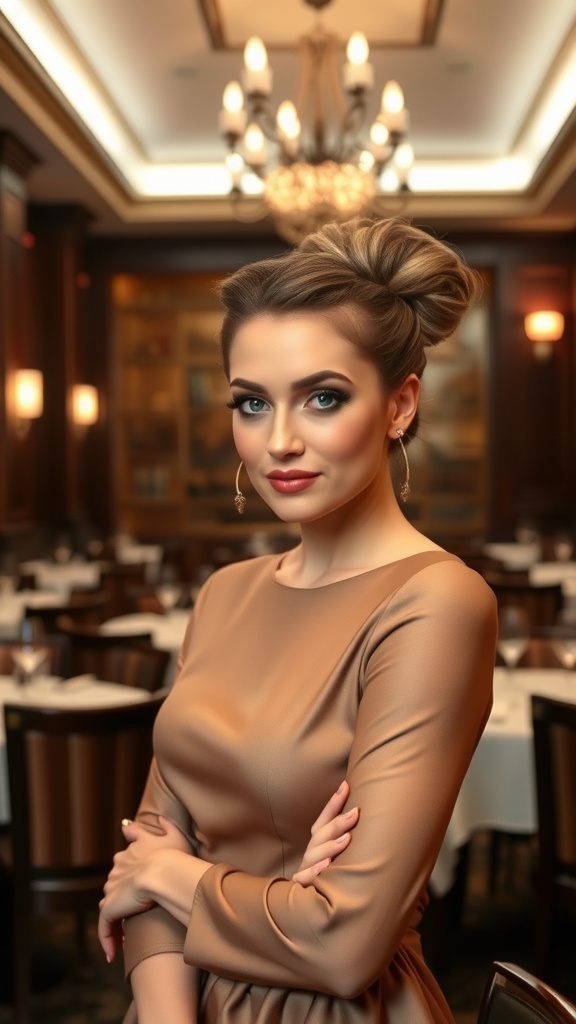 A woman with a classic French twist hairstyle, wearing a stylish dress, in an elegant restaurant setting.