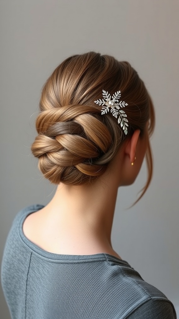 A classic French twist hairstyle with a decorative hairpin