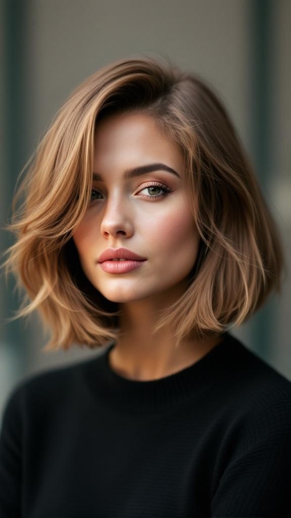A woman with a classic layered bob hairstyle and a side part, showcasing volume and style.