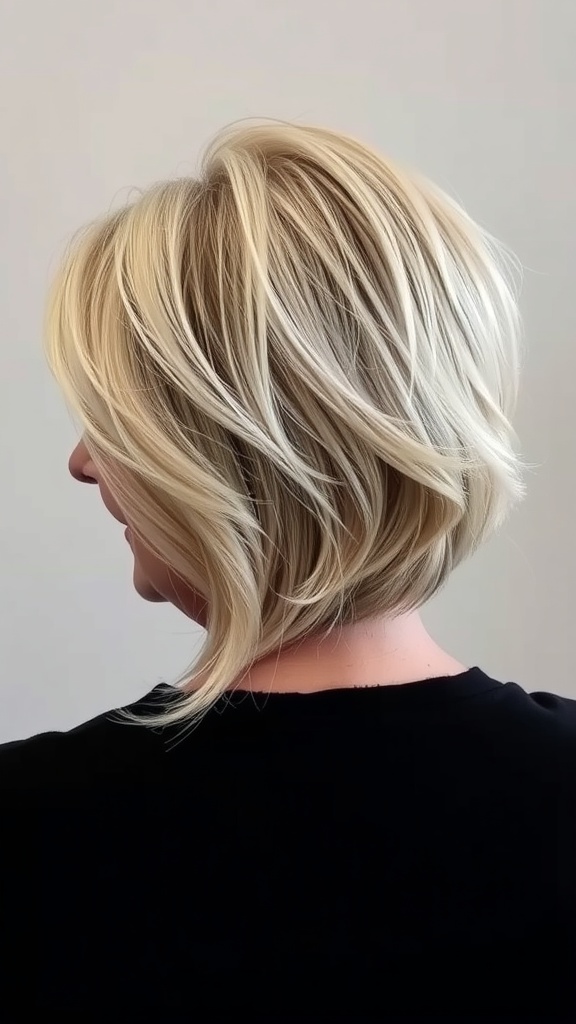 A woman with a classic layered haircut, showcasing soft waves and a light blonde color.