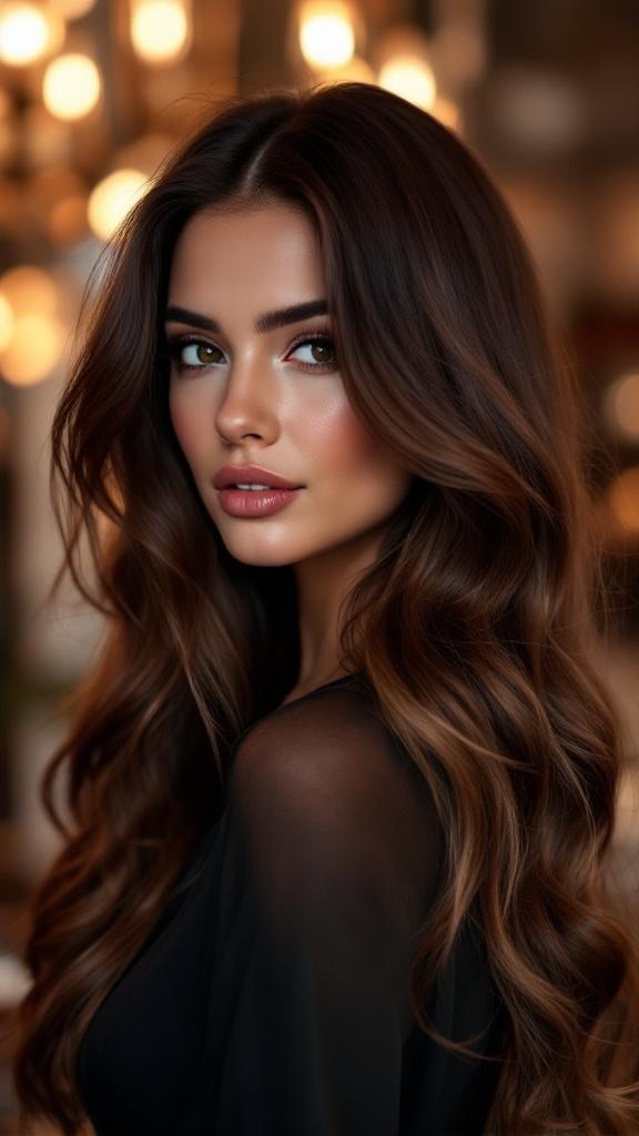 A woman with long layered hair styled in soft waves, showcasing a classic and elegant look.