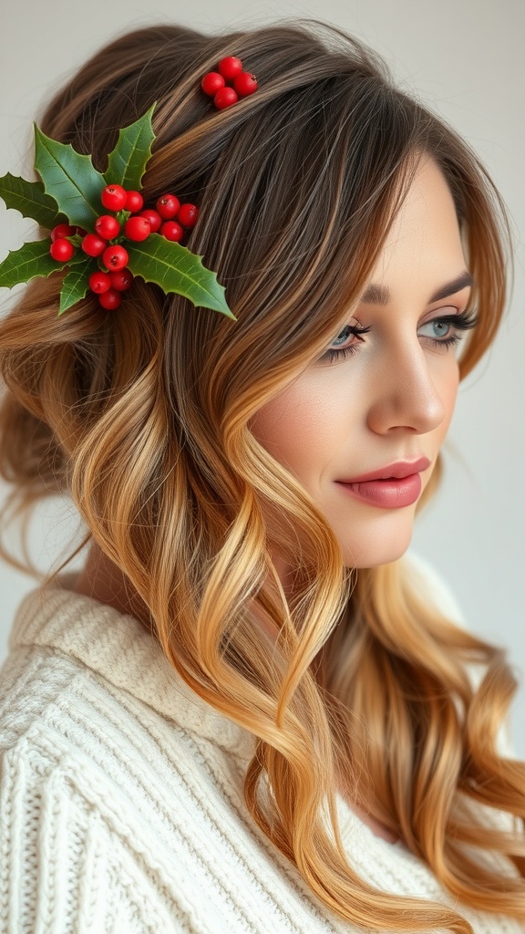 Classic loose waves hairstyle with holly accents