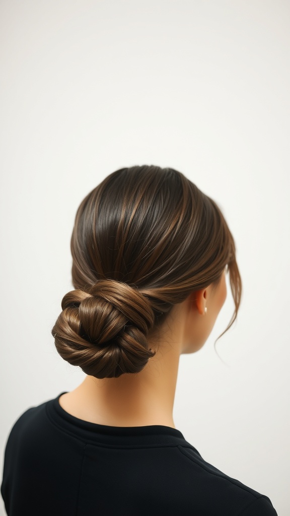 A classic low bun hairstyle, showcasing a smooth twisted bun at the nape of the neck.